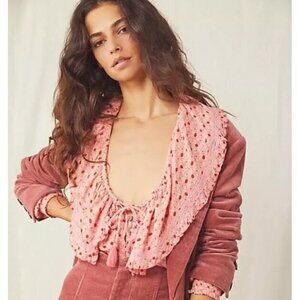 Free People Sunrise Top Size M NWT Pink Floral Gauze Tassels Collared New